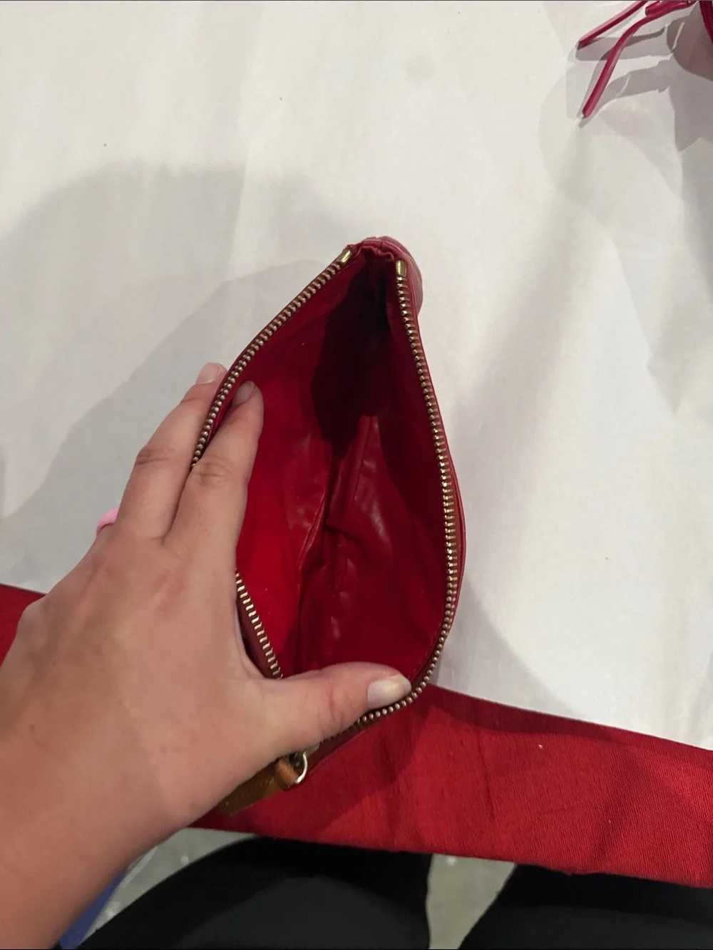 Dooney & Bourke Red Pebbled Leather Cosmetic Pouch with Tan Trim
